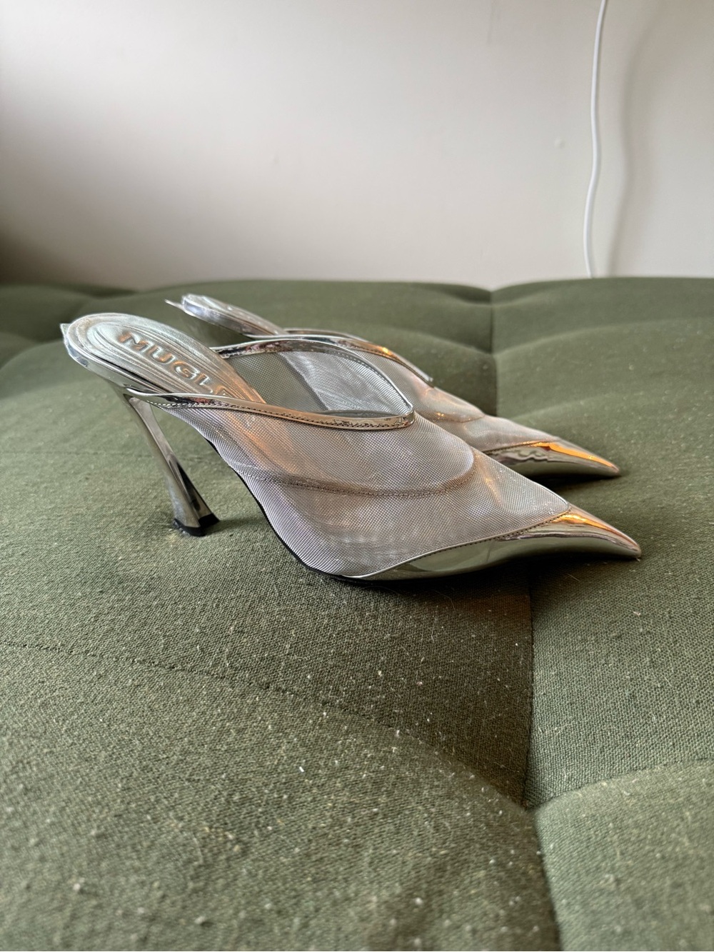 Mugler Silver Metallic Mesh Pointed-Toe Slingback Heels